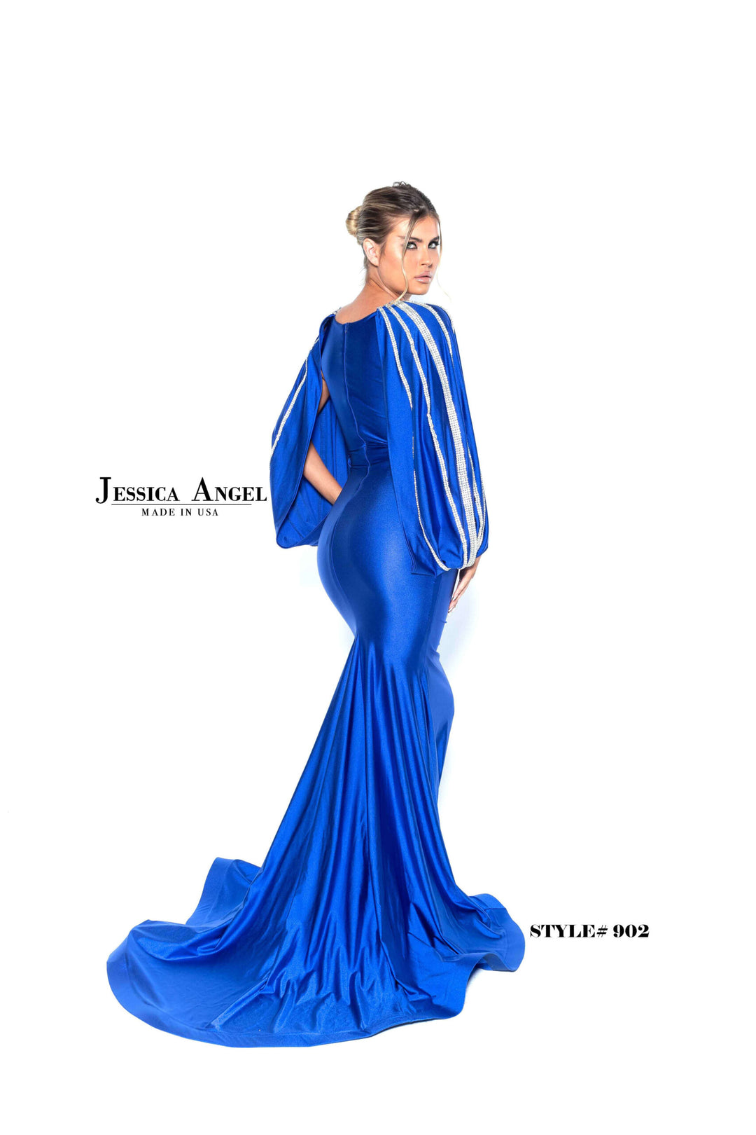Jessica Angel 902 bishop sleeve jersey mermaid gown alternate view 2