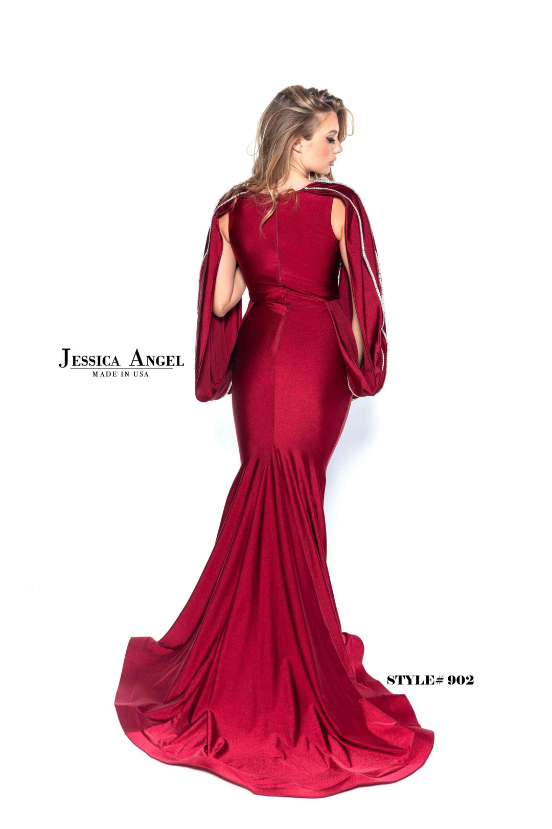 Jessica Angel 902 V-Neck Embellished Bishop Sleeve Jersey Mermaid Gown view 8
