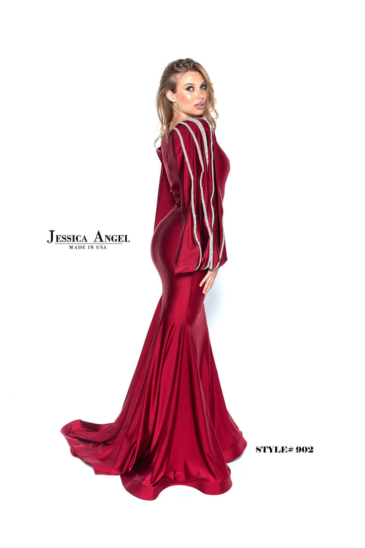 Jessica Angel 902 V-Neck Embellished Bishop Sleeve Jersey Mermaid Gown view 7