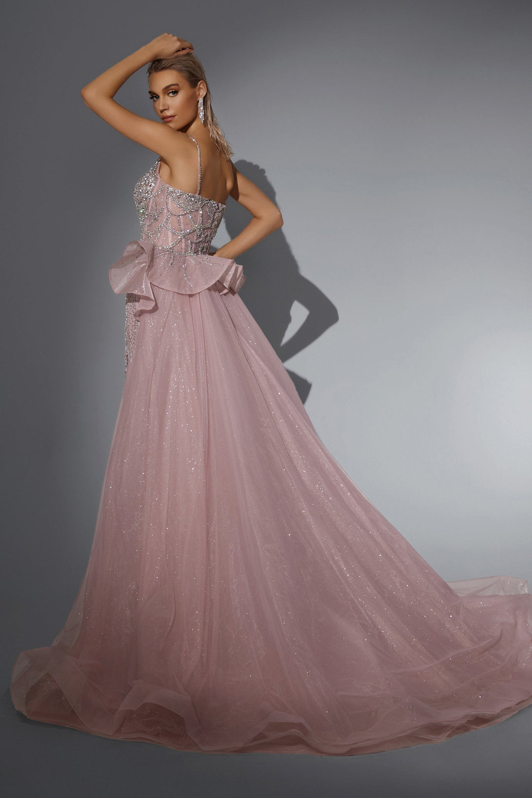 Delilah HM328 Spaghetti Strap Beaded Mermaid Gown with Ruffled Hip Overskirt - Pink back view