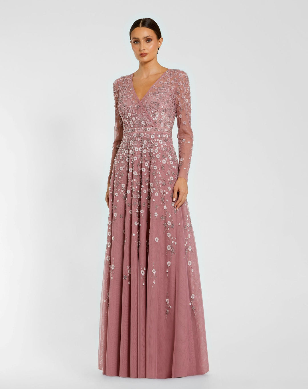 Mac Duggal 9131 Purple Embellished Wrap Over Illusion Long Sleeve A Line Gown