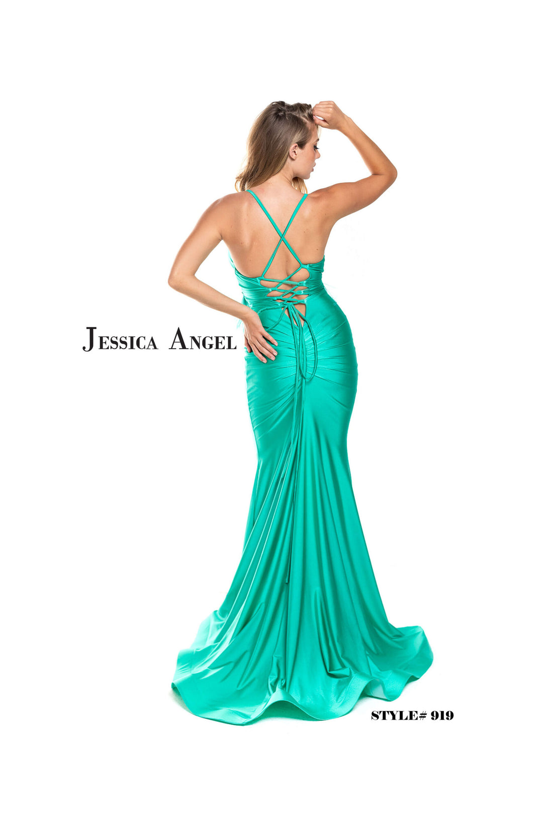 Jessica Angel 919 beaded fringe jersey mermaid gown back view