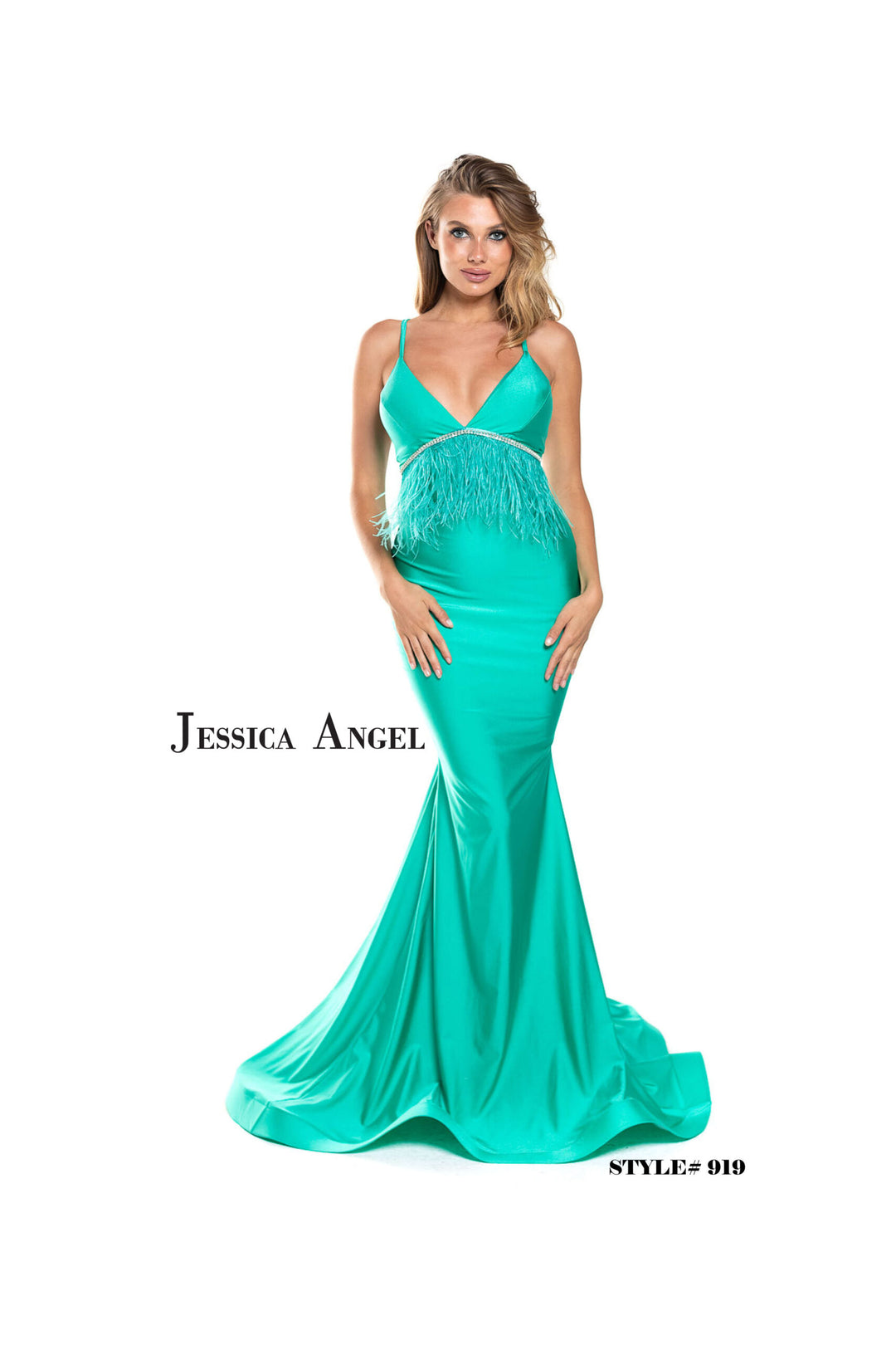 Jessica Angel 919 beaded fringe jersey mermaid gown front view