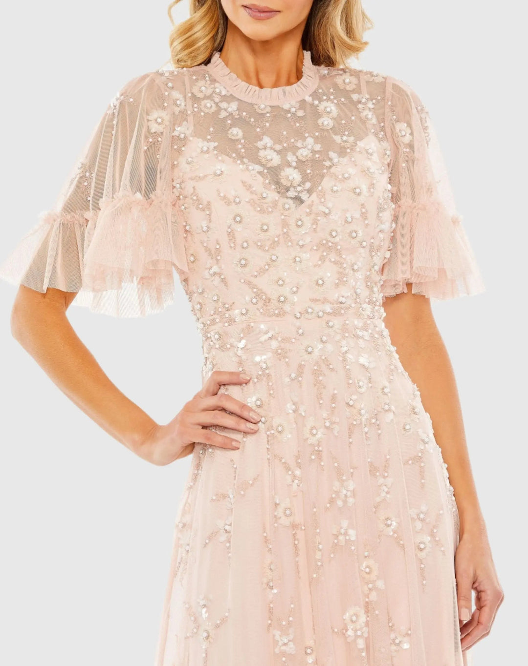 Mac Duggal 9199 Floral Embellished Flutter Sleeve A-Line Gown
