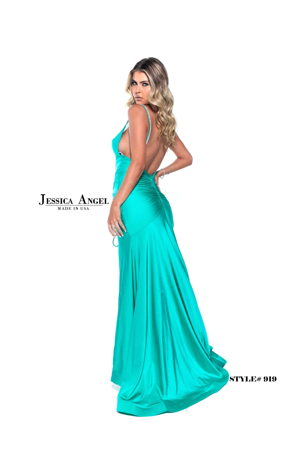 Jessica Angel 919 V-Neck Beaded Fringe Lace-Up Back Jersey Mermaid Gown view 11