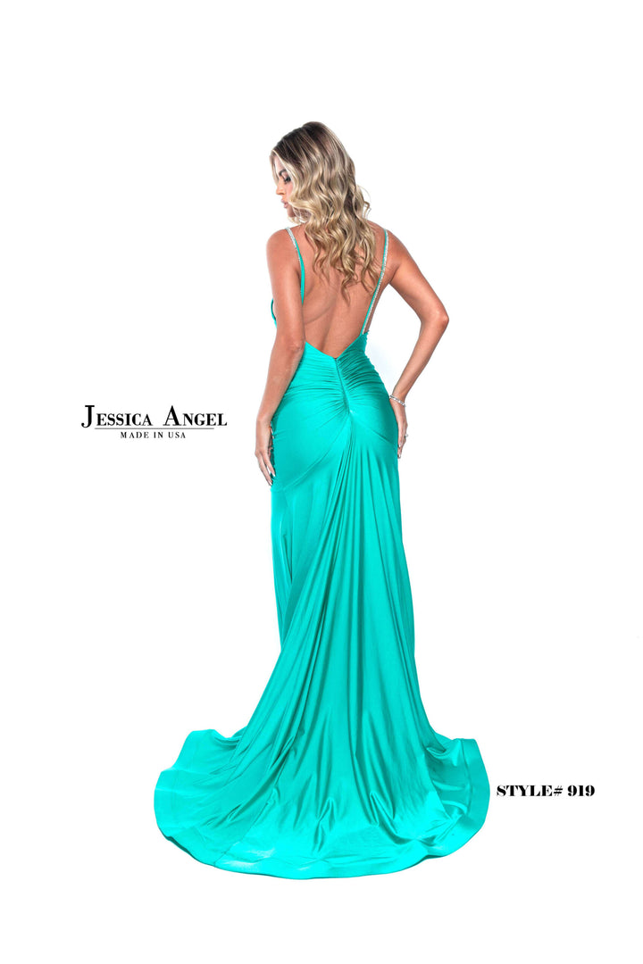 Jessica Angel 919 V-Neck Beaded Fringe Lace-Up Back Jersey Mermaid Gown view 10