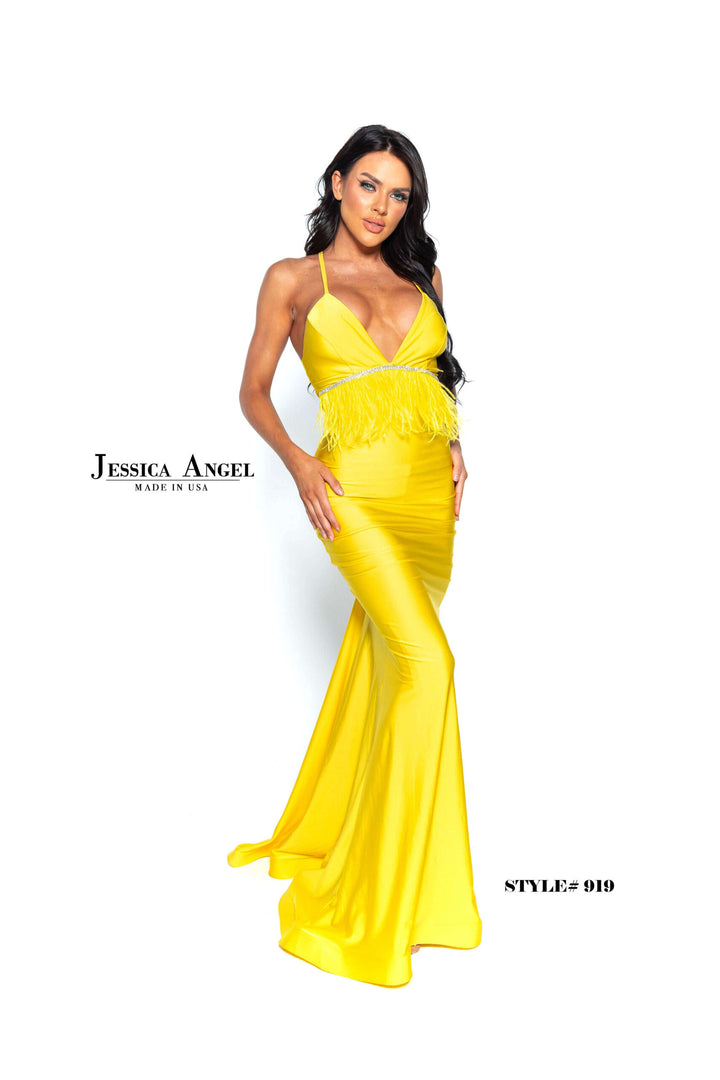 Jessica Angel 919 V-Neck Beaded Fringe Lace-Up Back Jersey Mermaid Gown view 9