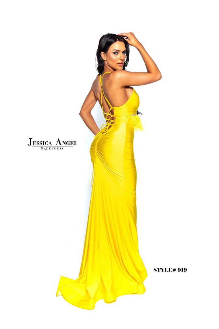 Jessica Angel 919 V-Neck Beaded Fringe Lace-Up Back Jersey Mermaid Gown view 8