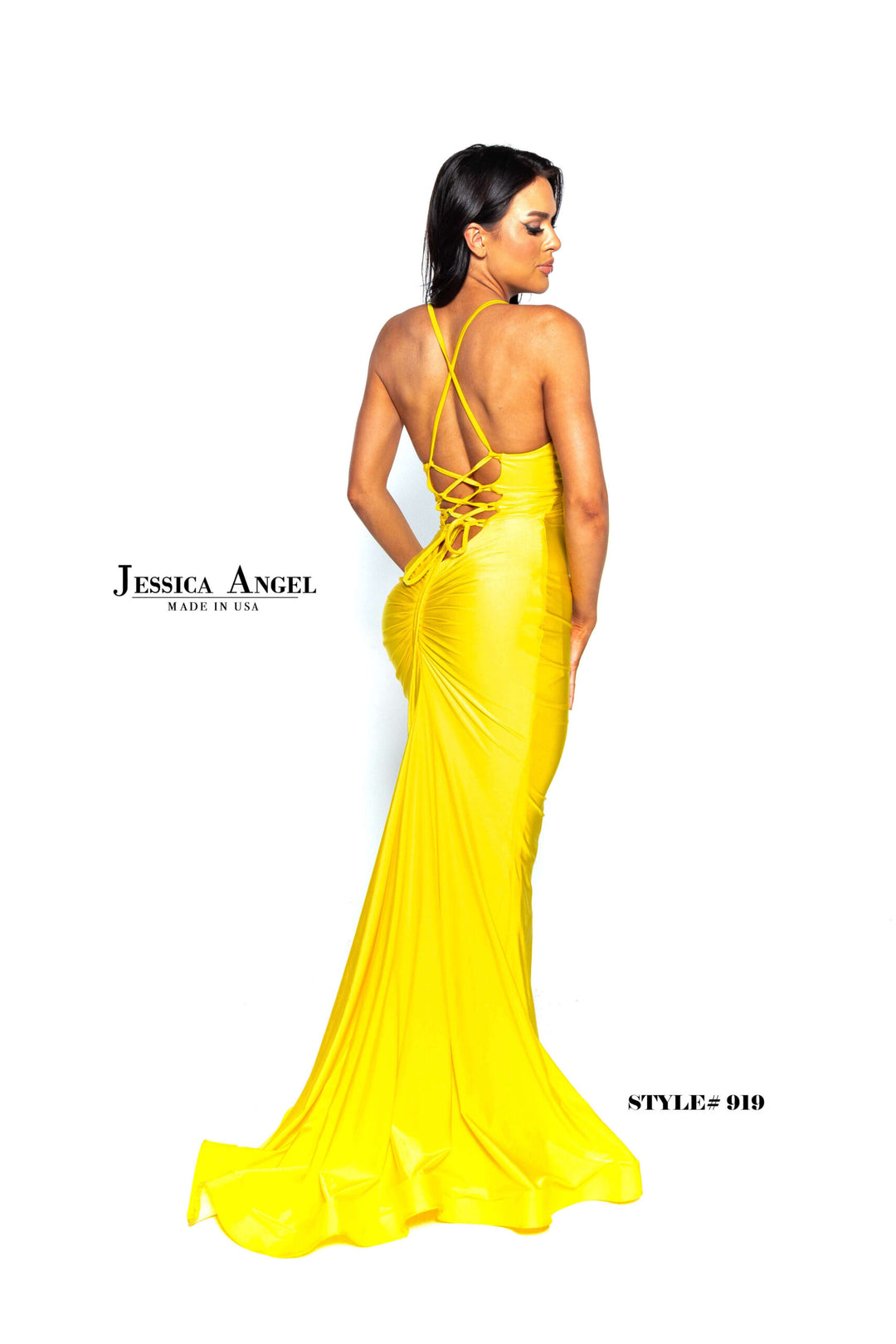 Jessica Angel 919 V-Neck Beaded Fringe Lace-Up Back Jersey Mermaid Gown view 7
