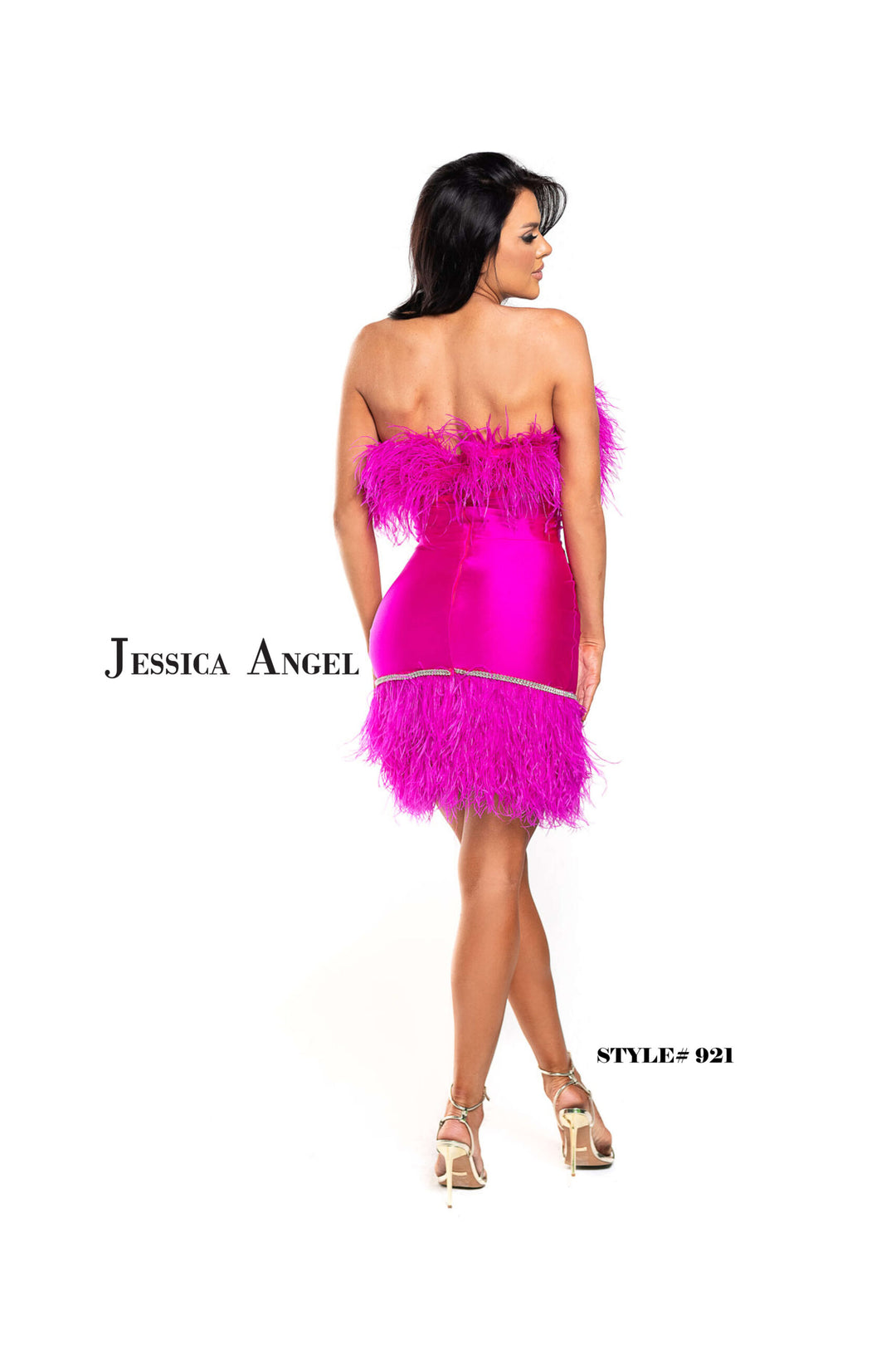 Jessica Angel 921 short strapless feather trim dress back view