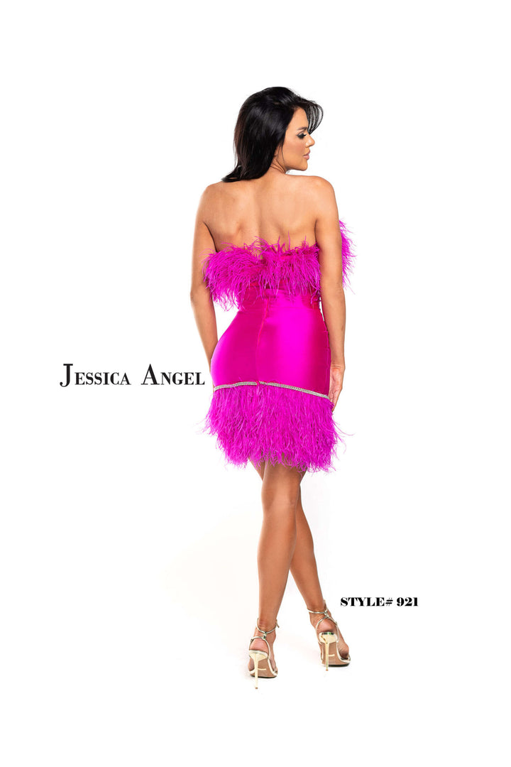 Jessica Angel 921 short strapless feather trim dress back view