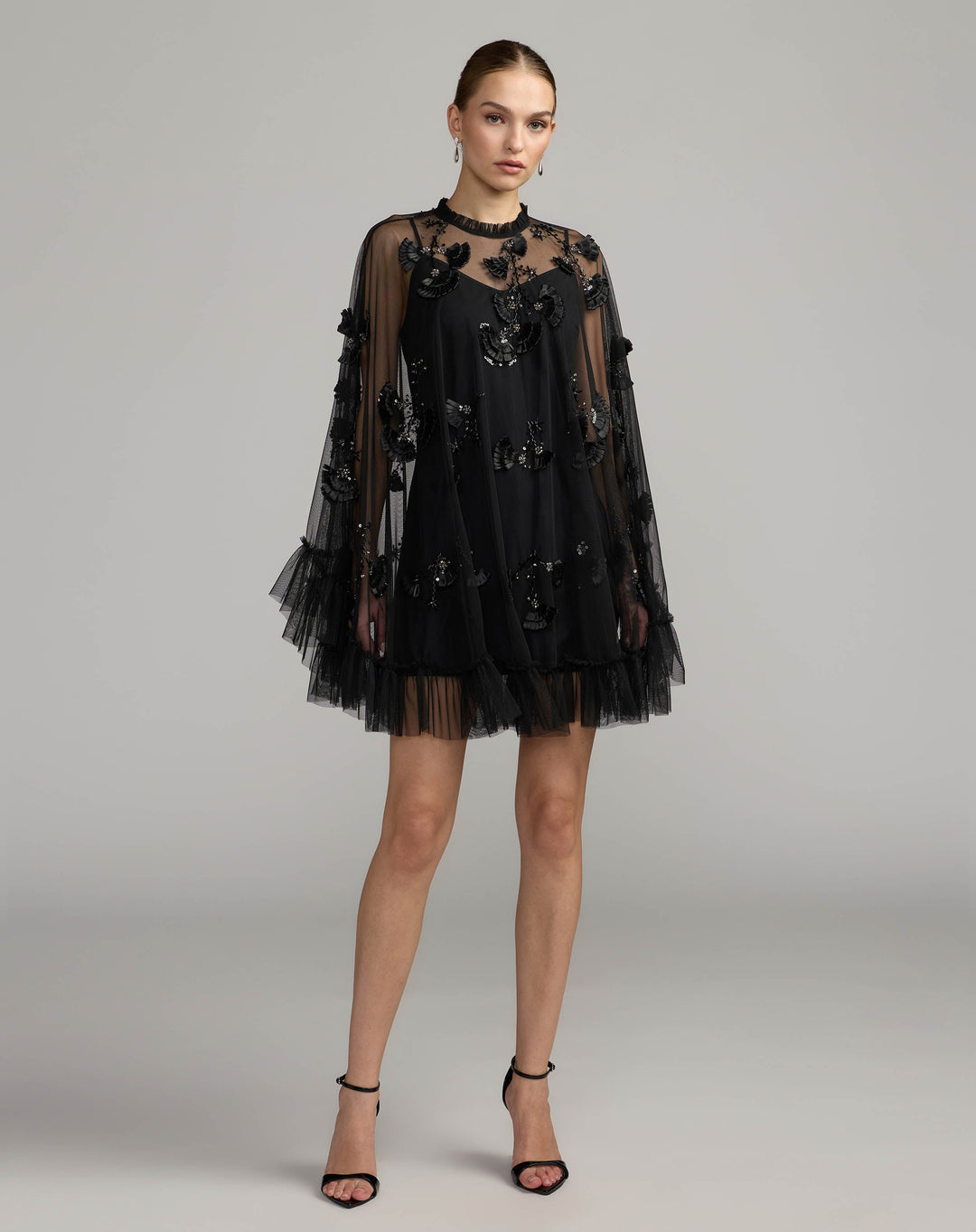 Mac Duggal 9257 Embellished Long Sleeve Trapeze Dress with Ruffle Hem