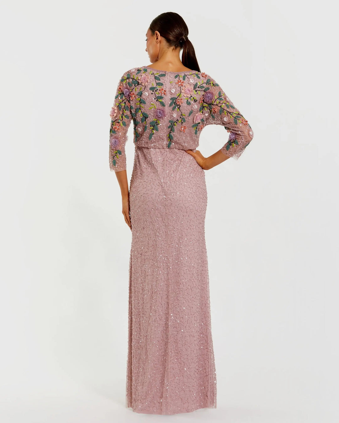 Purple Floral Embellished Long Sleeve Gown - FOSTANI.com