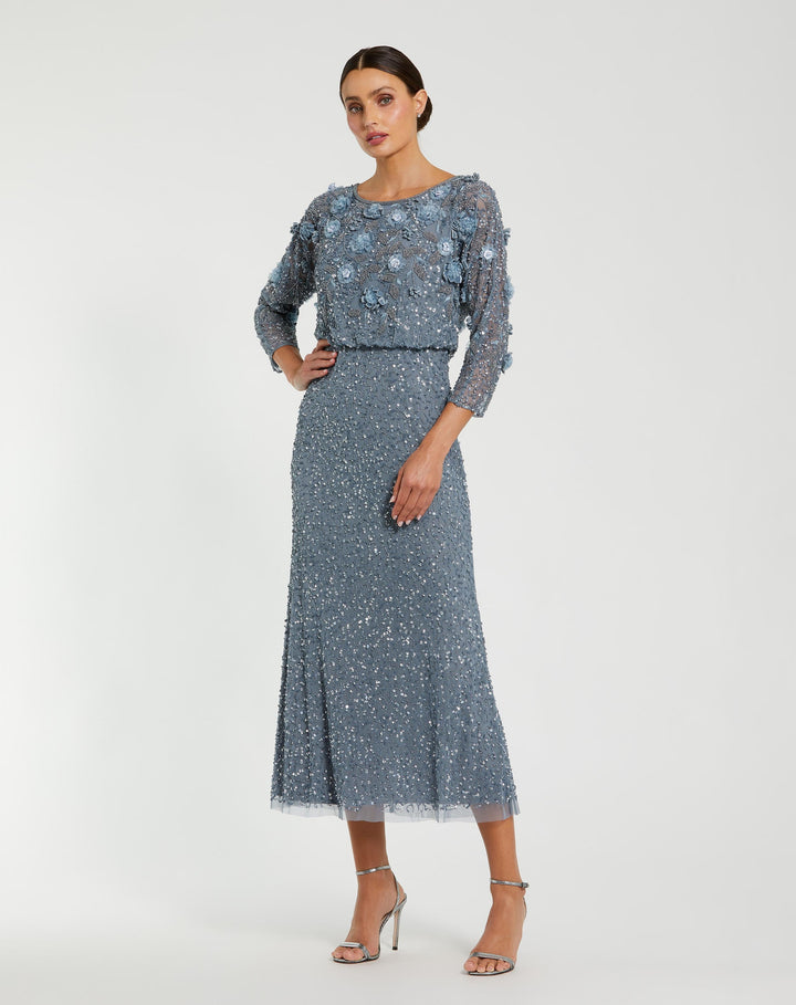 Mac Duggal 9373 Blue Floral Embellished Midi Dress With 3/4 Sleeves