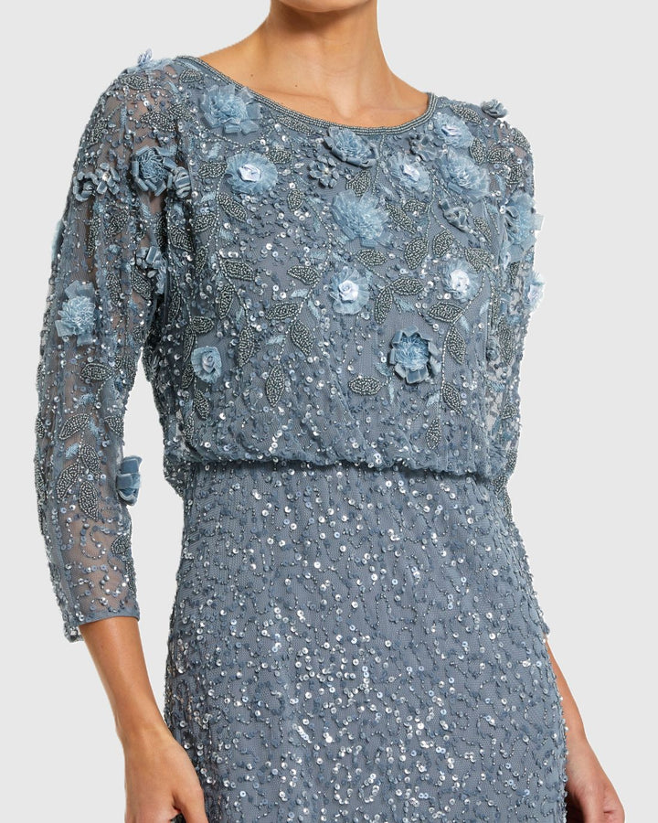 Mac Duggal 9373 Blue Floral Embellished Midi Dress With 3/4 Sleeves