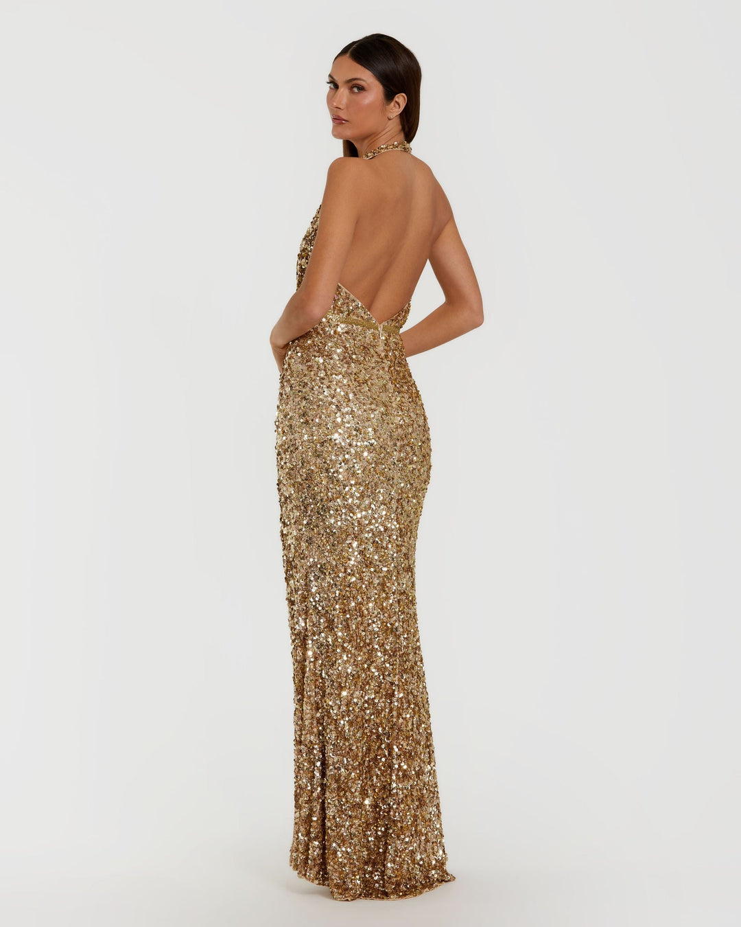 Mac Duggal 93745 Gold Sequin Halter Column Gown