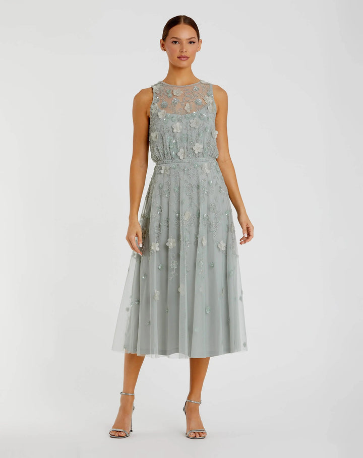 Green Floral Embellished Sleeveless Midi Dress - FOSTANI.com