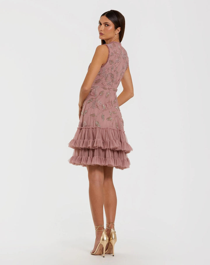 Pink High Neck Sleeveless Beaded Dress With Ruffled Hem - FOSTANI.com