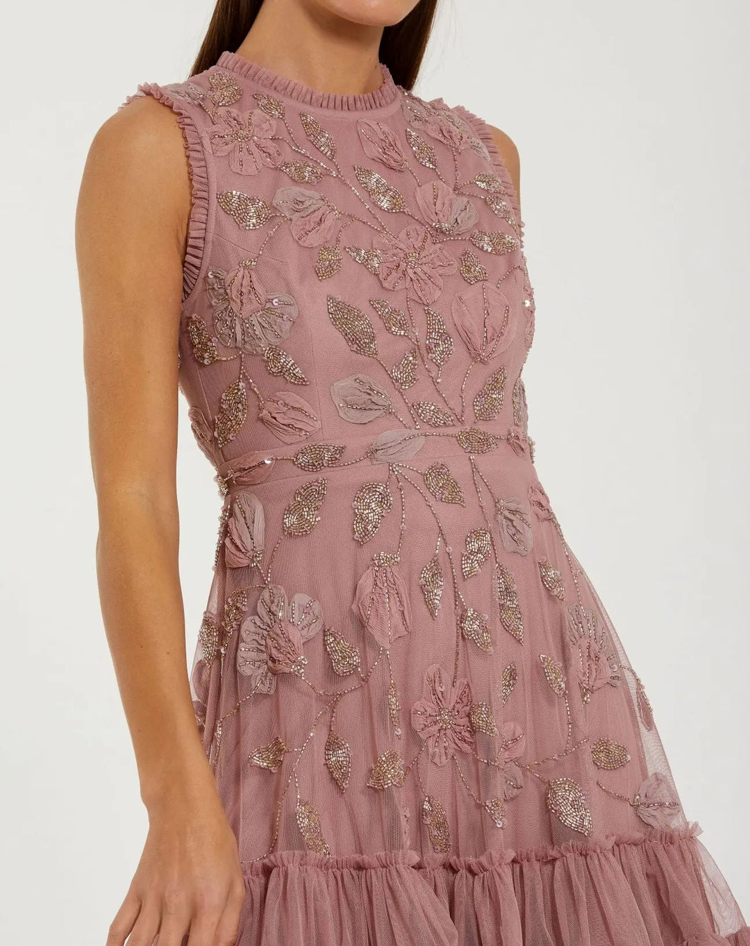 Pink High Neck Sleeveless Beaded Dress With Ruffled Hem - FOSTANI.com