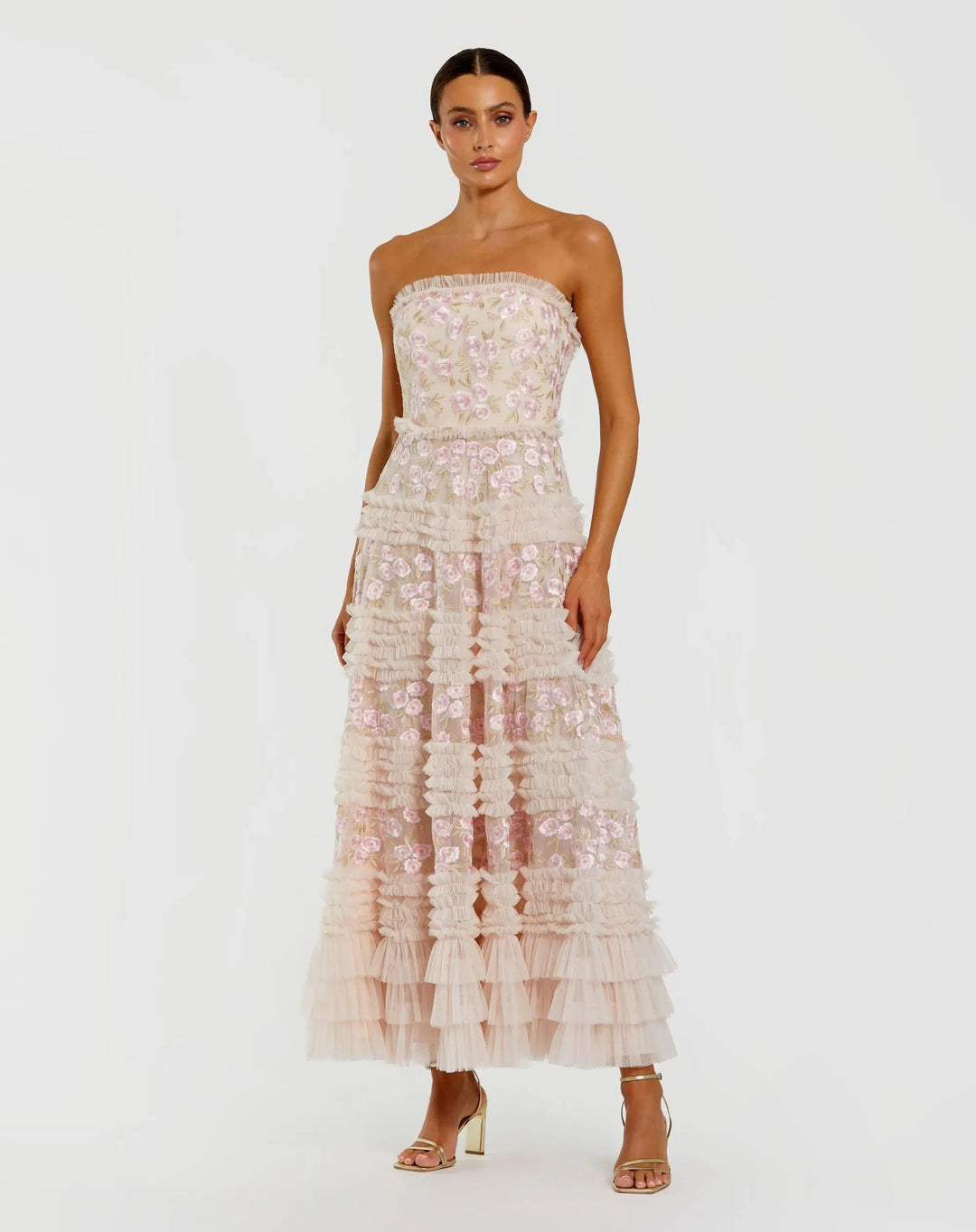 Pink Floral Embroidered Strapless Ruffle Maxi Dress - FOSTANI.com