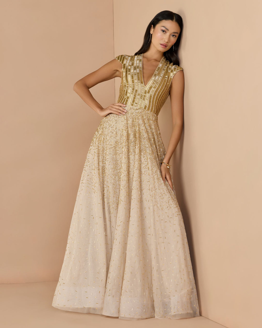 Mac Duggal 94386 V-Neck Beaded Tulle A-Line Gown