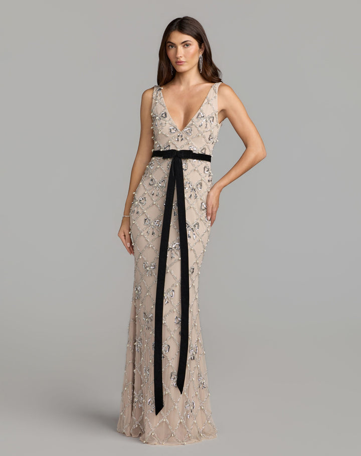 Mac Duggal 94390 Beaded Bow Sleeveless V-Neck Gown