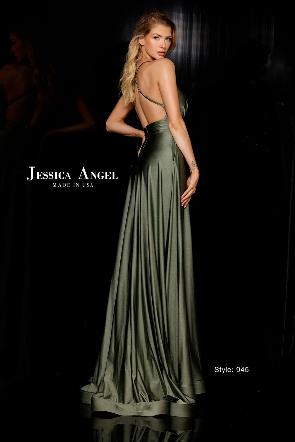 Jessica Angel 945 V-neck crystal fringe jersey A-line gown back view