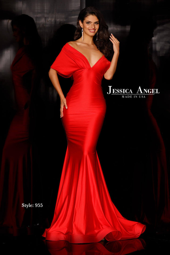 Jessica Angel 955 off shoulder V-neck jersey mermaid gown front view