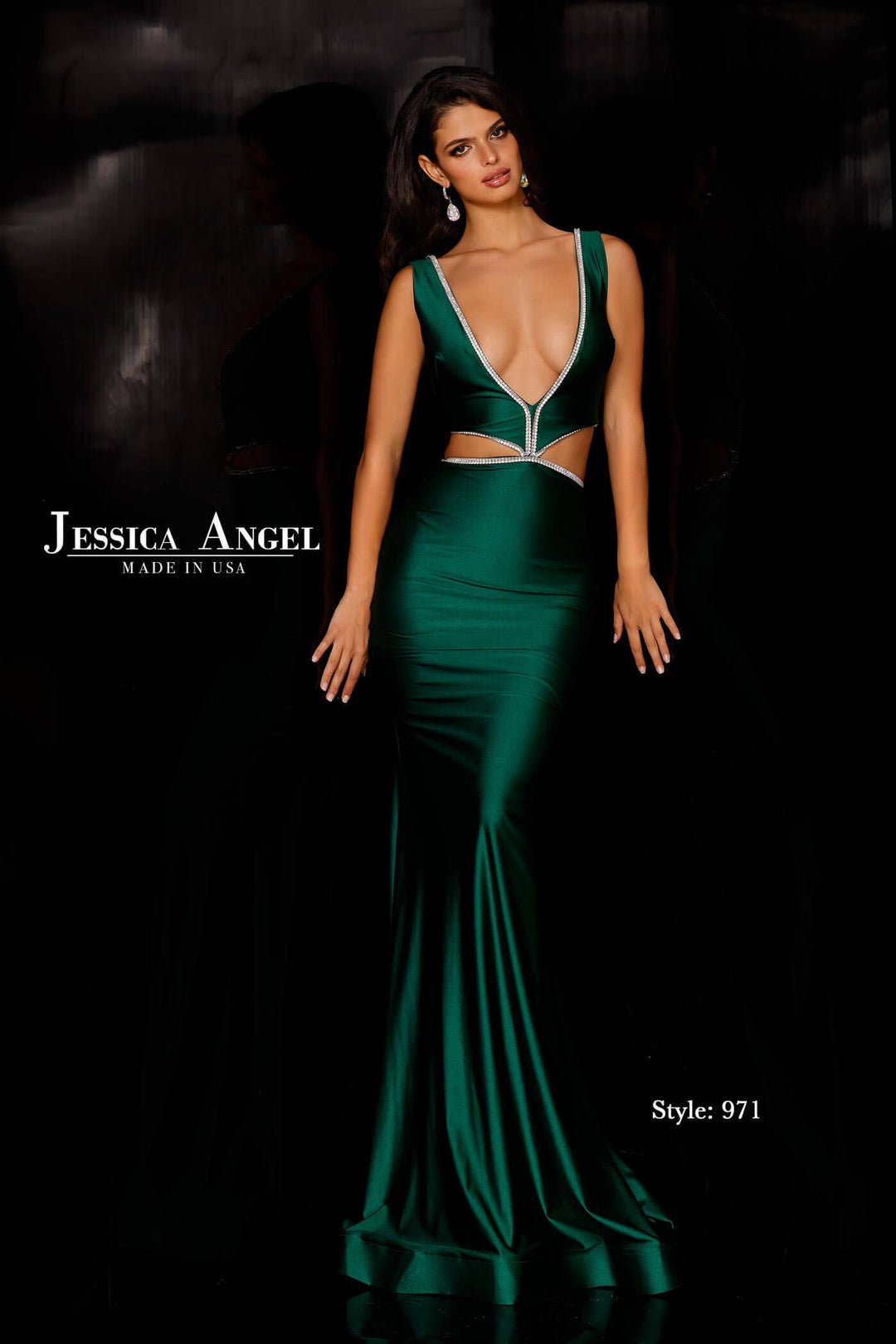 Jessica Angel 971 plunging V-neck cutout mermaid gown front view