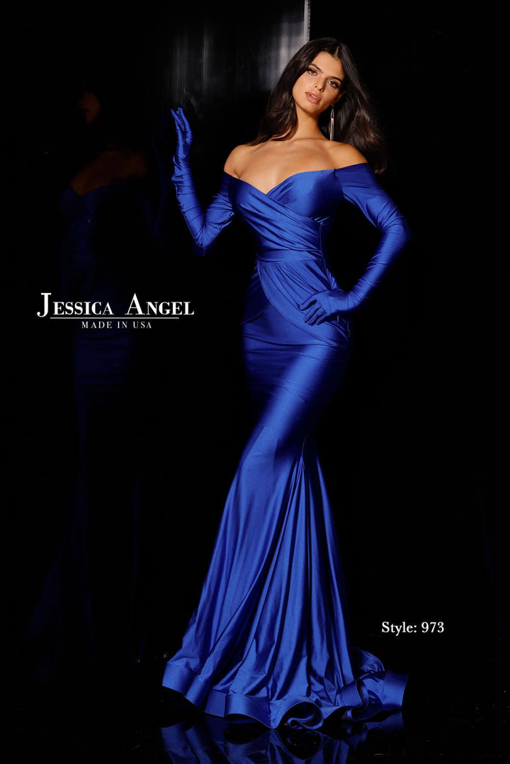 Jessica Angel 973 off shoulder long sleeve mermaid gown front view