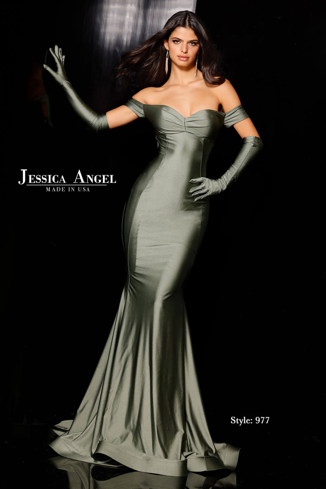 Jessica Angel 977 off shoulder sweetheart jersey mermaid gown front view