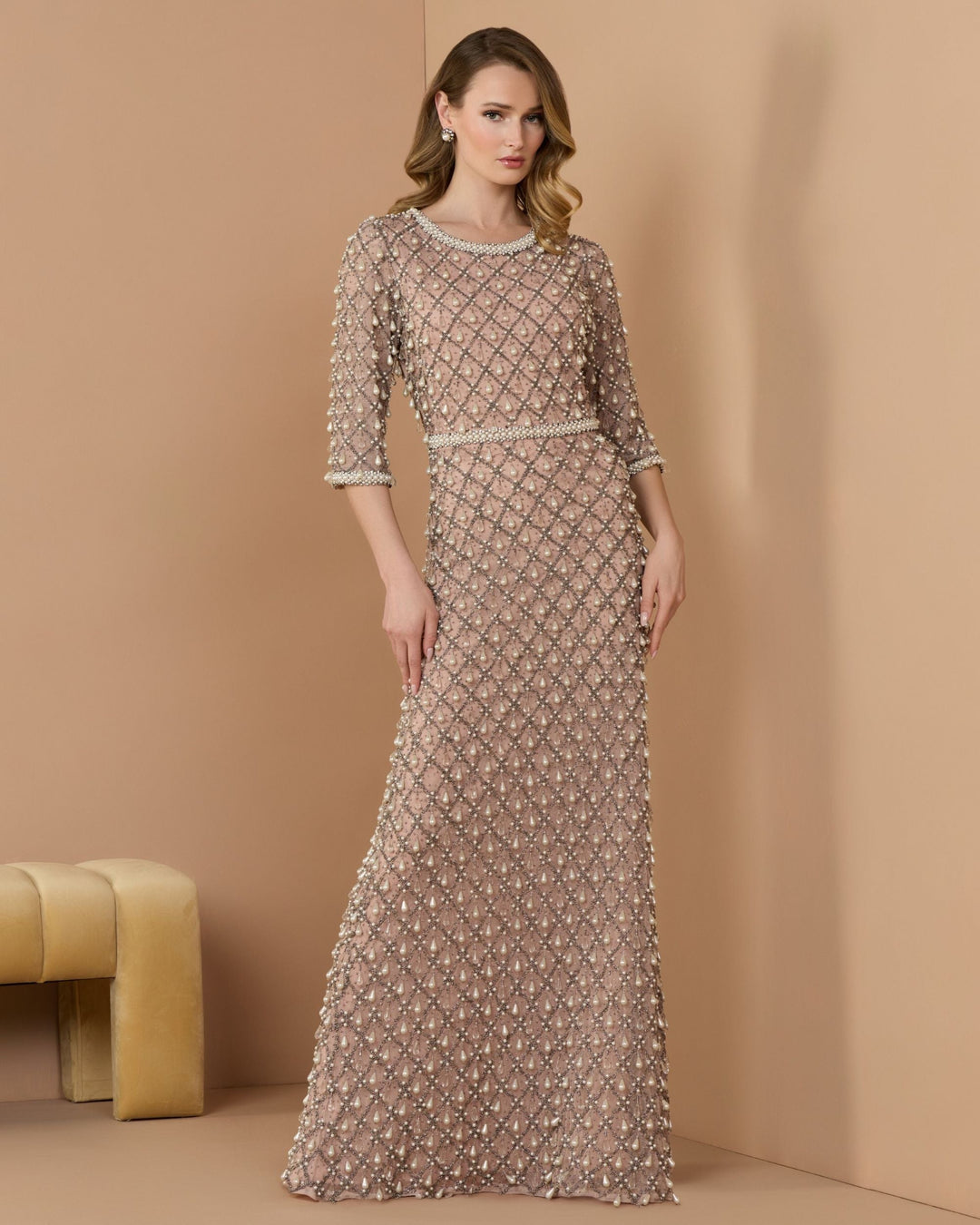 Mac Duggal 10099 Pearl Embellished 3/4 Sleeve Gown - FOSTANI.com