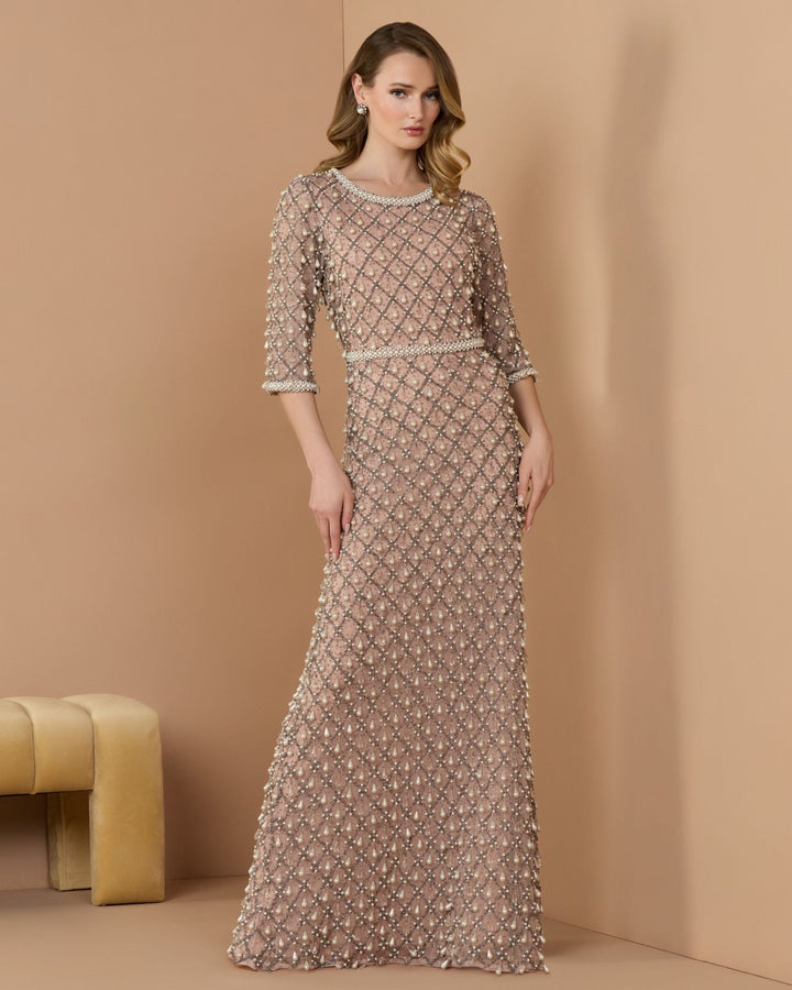 Mac Duggal 10099 Pearl Embellished 3/4 Sleeve Gown - FOSTANI.com