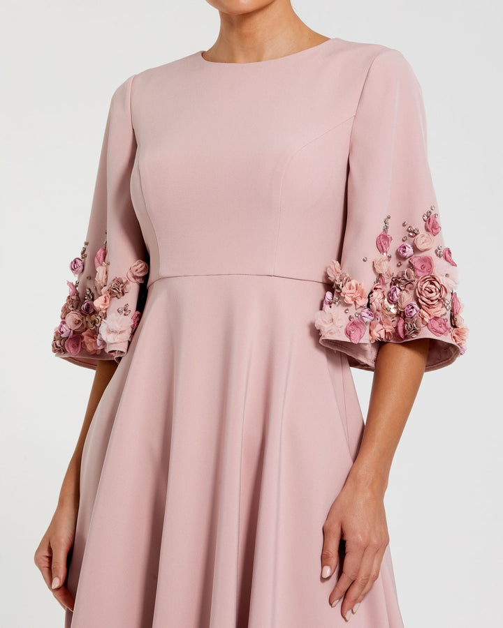 Mac Duggal 9911854P Petite Pink Crepe 3/4 Sleeve A-line Gown With Flower Trim