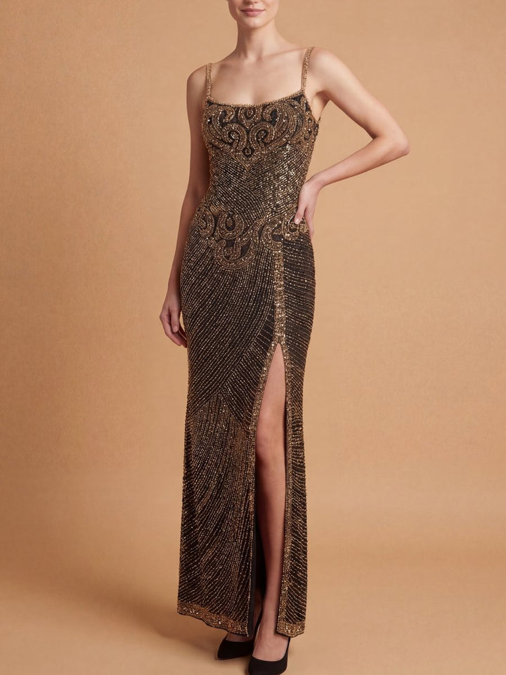Lara 9919 Spaghetti Strap Beaded Gown with Slit - FOSTANI.com