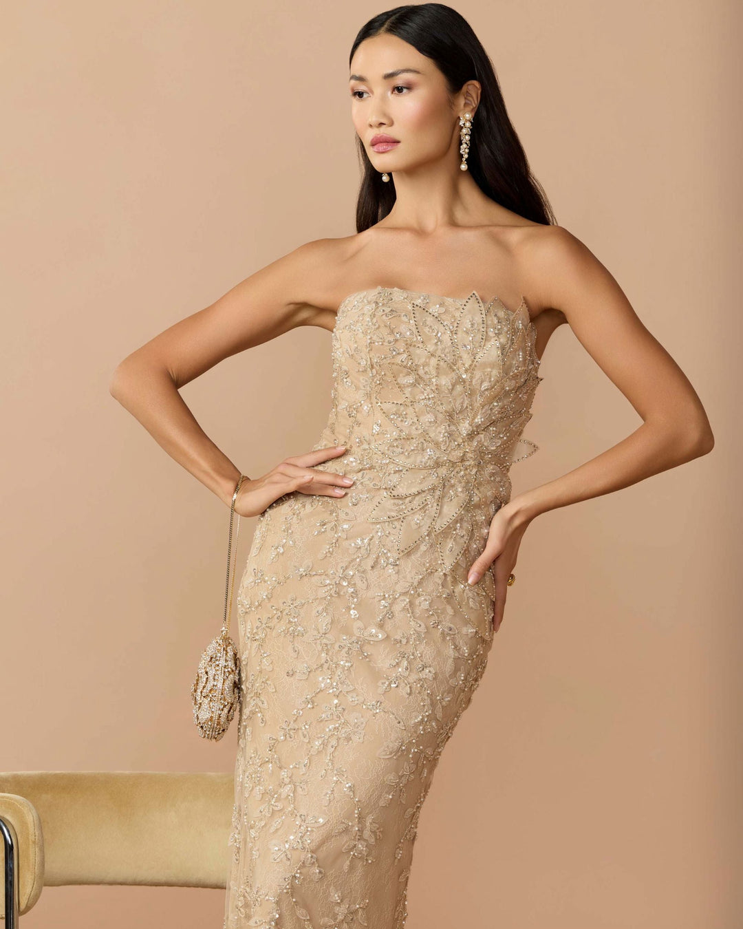 Mac Duggal 9921200P Petite Strapless Embellished Lace Gown with 3D Flower