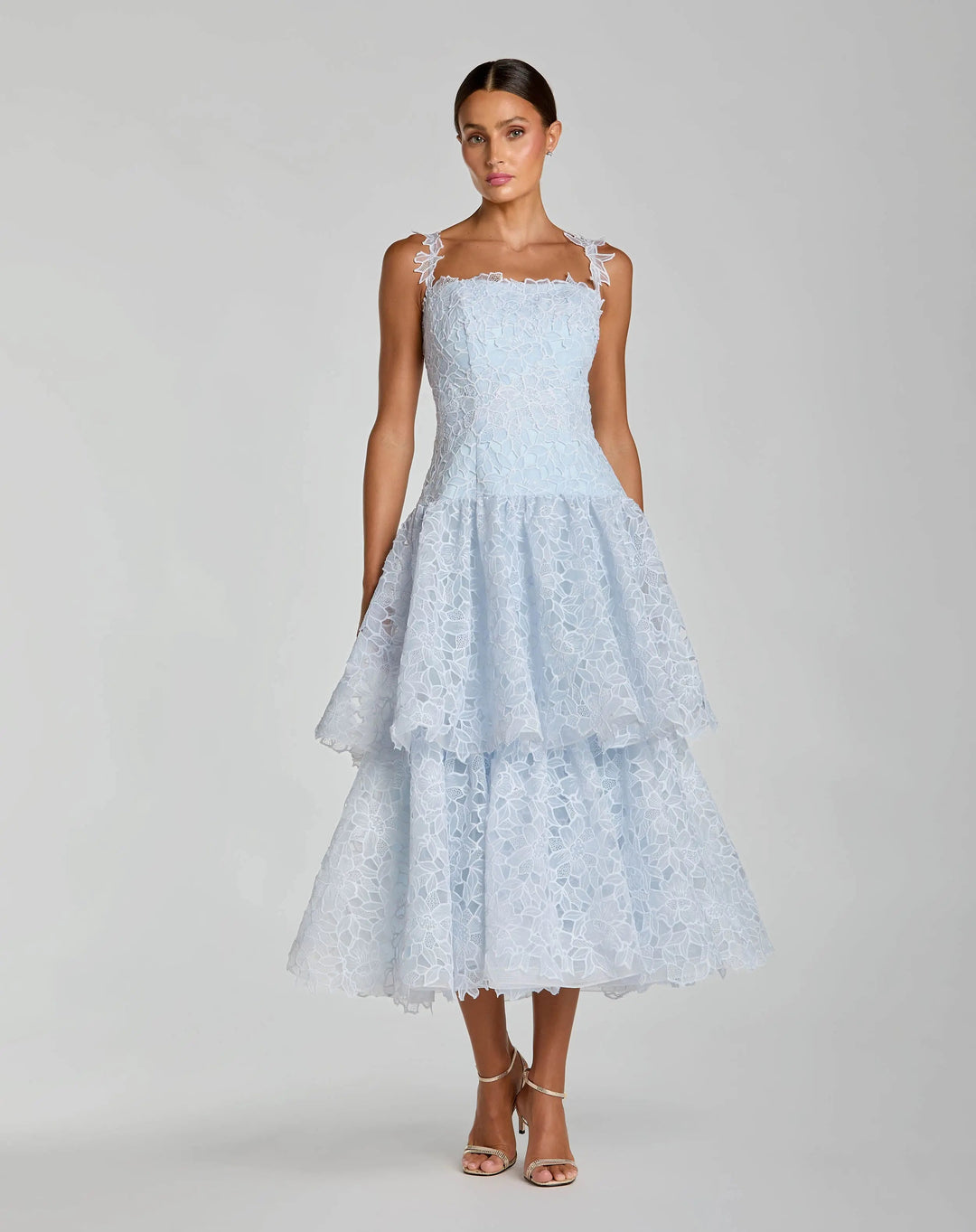Mac Duggal 21223 Sleeveless Embroidered Lace Tiered Midi Dress