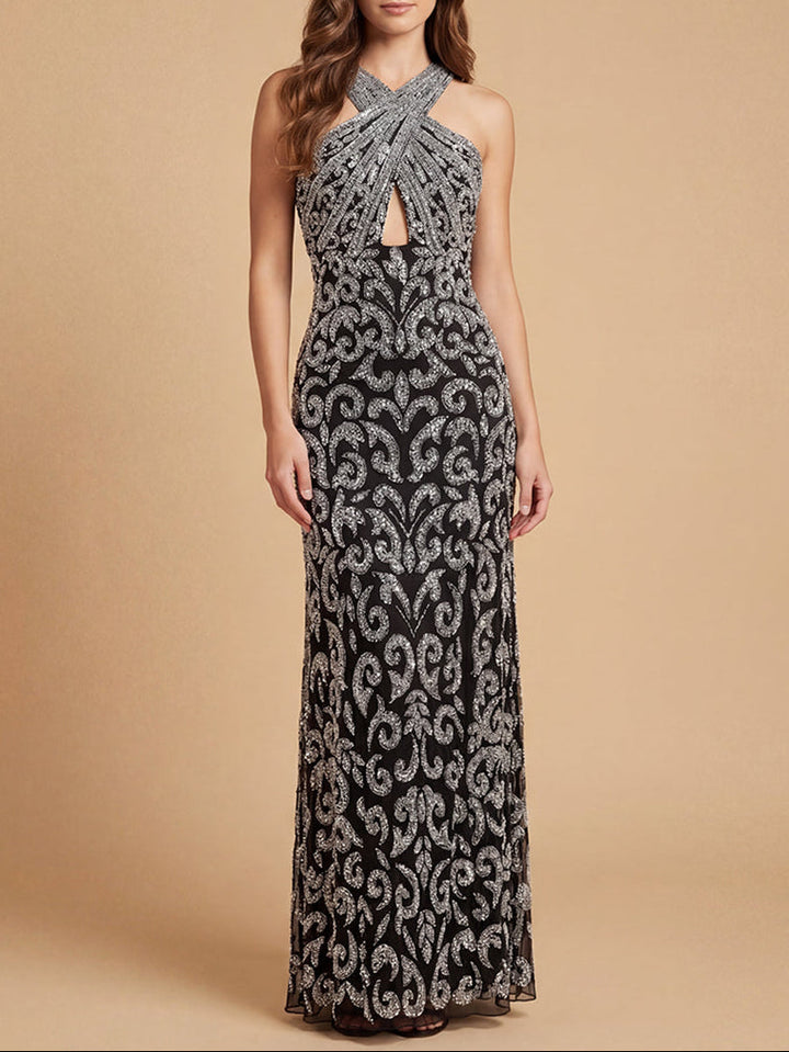 Lara 9922 Beaded Cross Halter Dress - FOSTANI.com