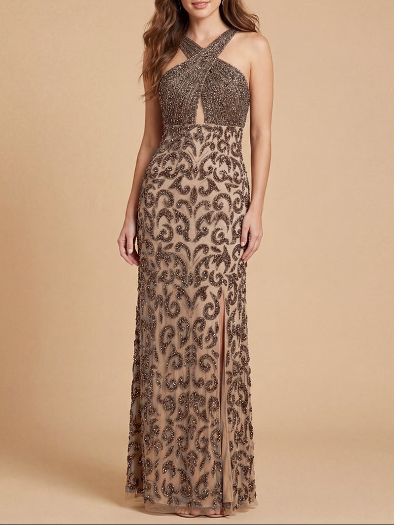 Lara 9922 Beaded Cross Halter Dress - FOSTANI.com