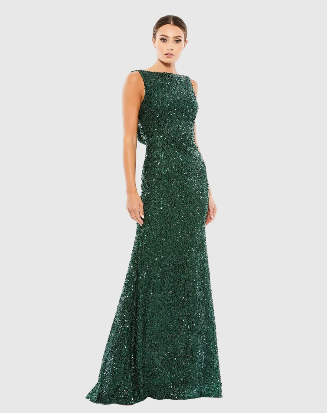 Mac Duggal 9926331P Petite Green Cowl Back Boat Neck Sequined Evening Gown - FOSTANI.com