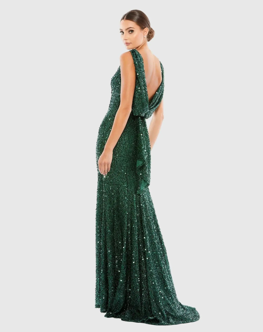 Mac Duggal 9926331P Petite Green Cowl Back Boat Neck Sequined Evening Gown - FOSTANI.com