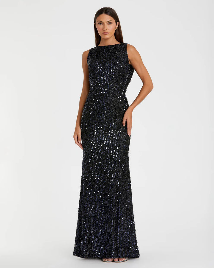 Mac Duggal 9926331P Petite Cowl Back Boat Neck Sequined Evening Gown