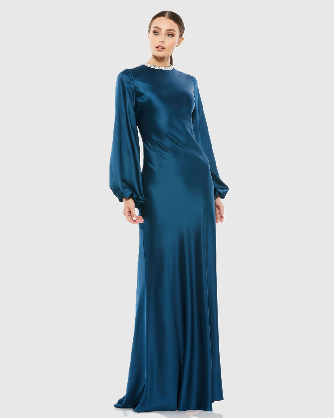 Mac Duggal 9926575P Petite Beaded High Neck Bishop Sleeve Satin Gown
