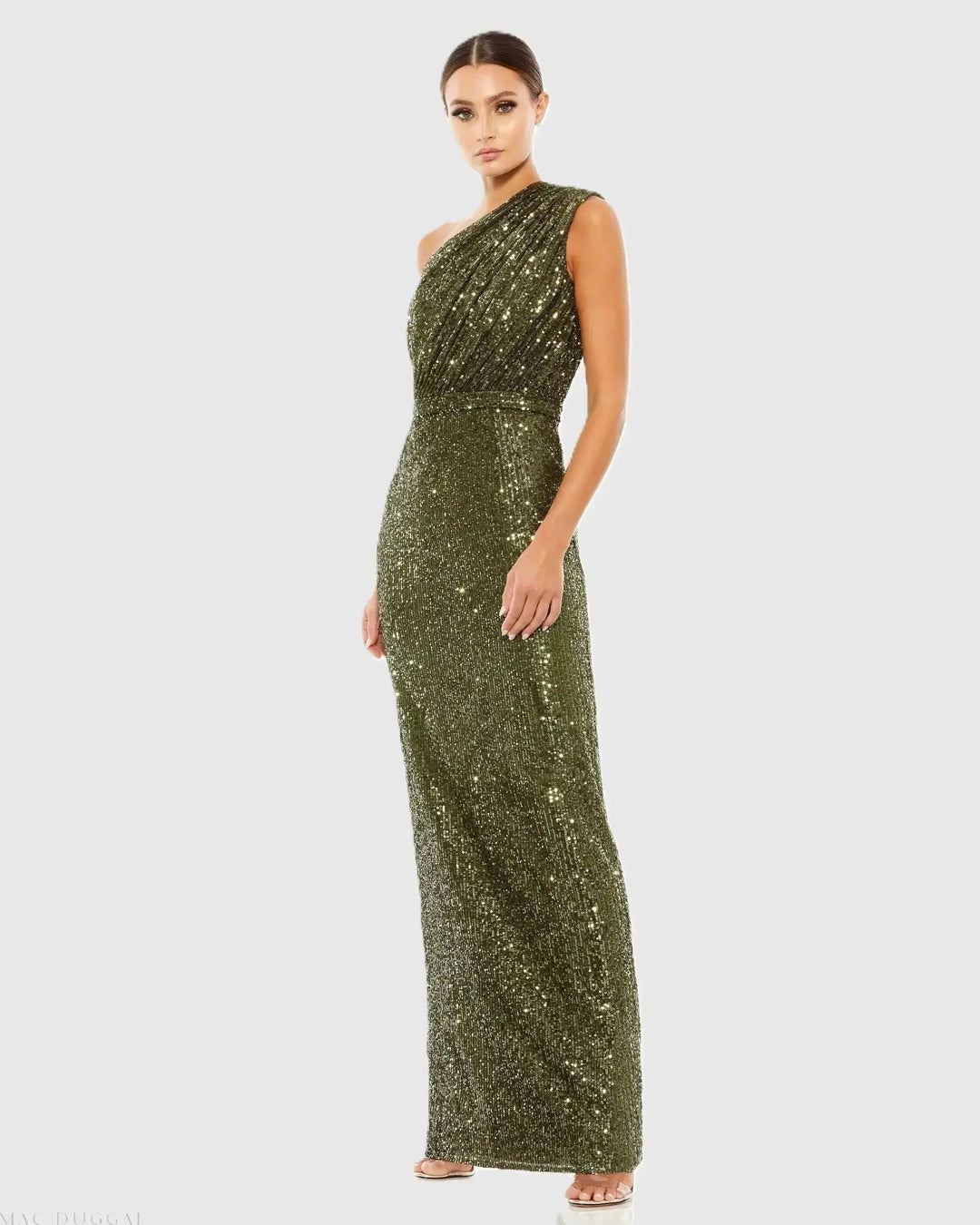 Mac Duggal 9926694P Petite Dark Green Sequined Ruched One Shoulder Gown