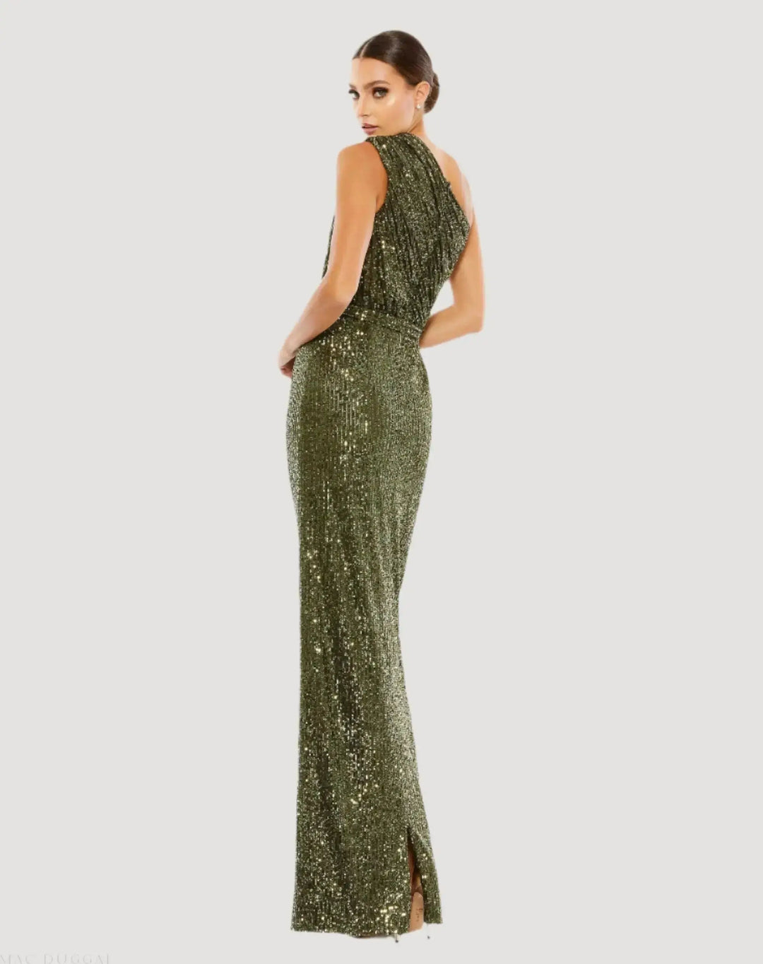 Mac Duggal 9926694P Petite Dark Green Sequined Ruched One Shoulder Gown