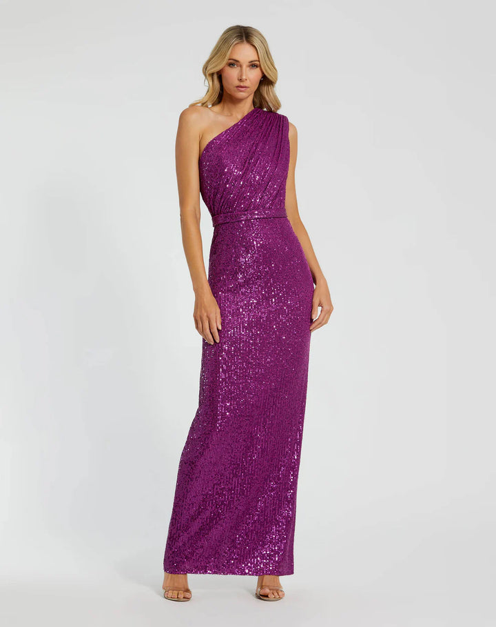 Mac Duggal 9926694P Petite Dark Green Sequined Ruched One Shoulder Gown