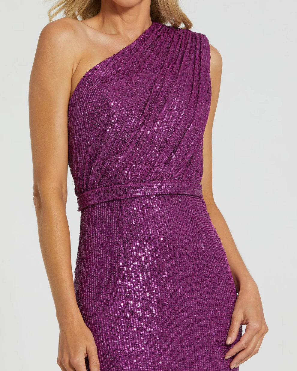 Mac Duggal 9926694P Petite Dark Green Sequined Ruched One Shoulder Gown