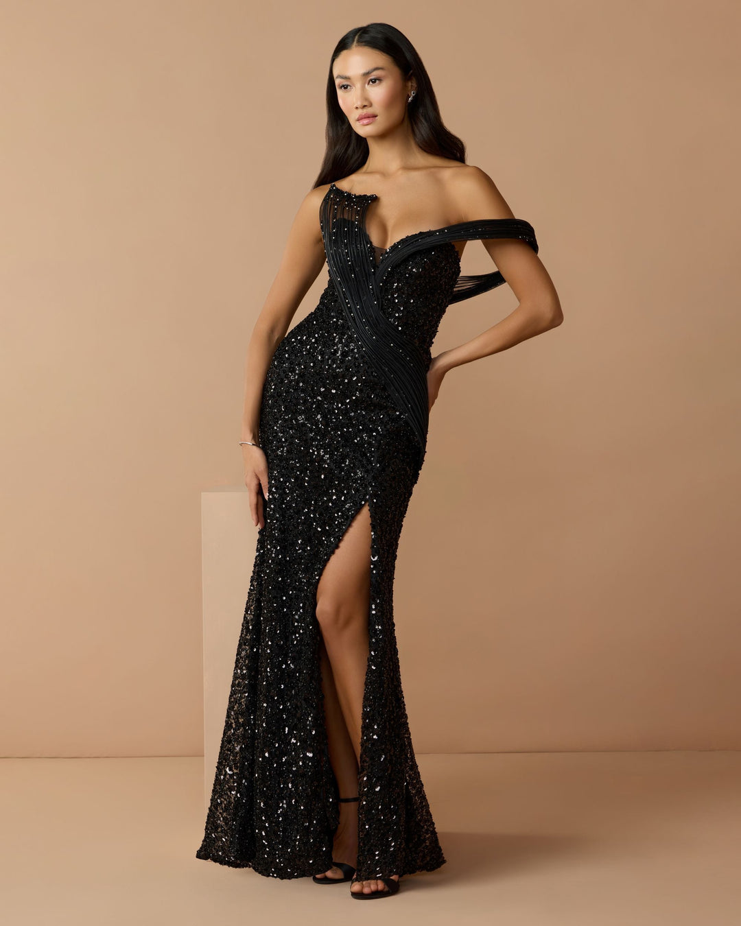 Mac Duggal 9937085P Petite Embellished Strapless Gown With Sculptural Drape