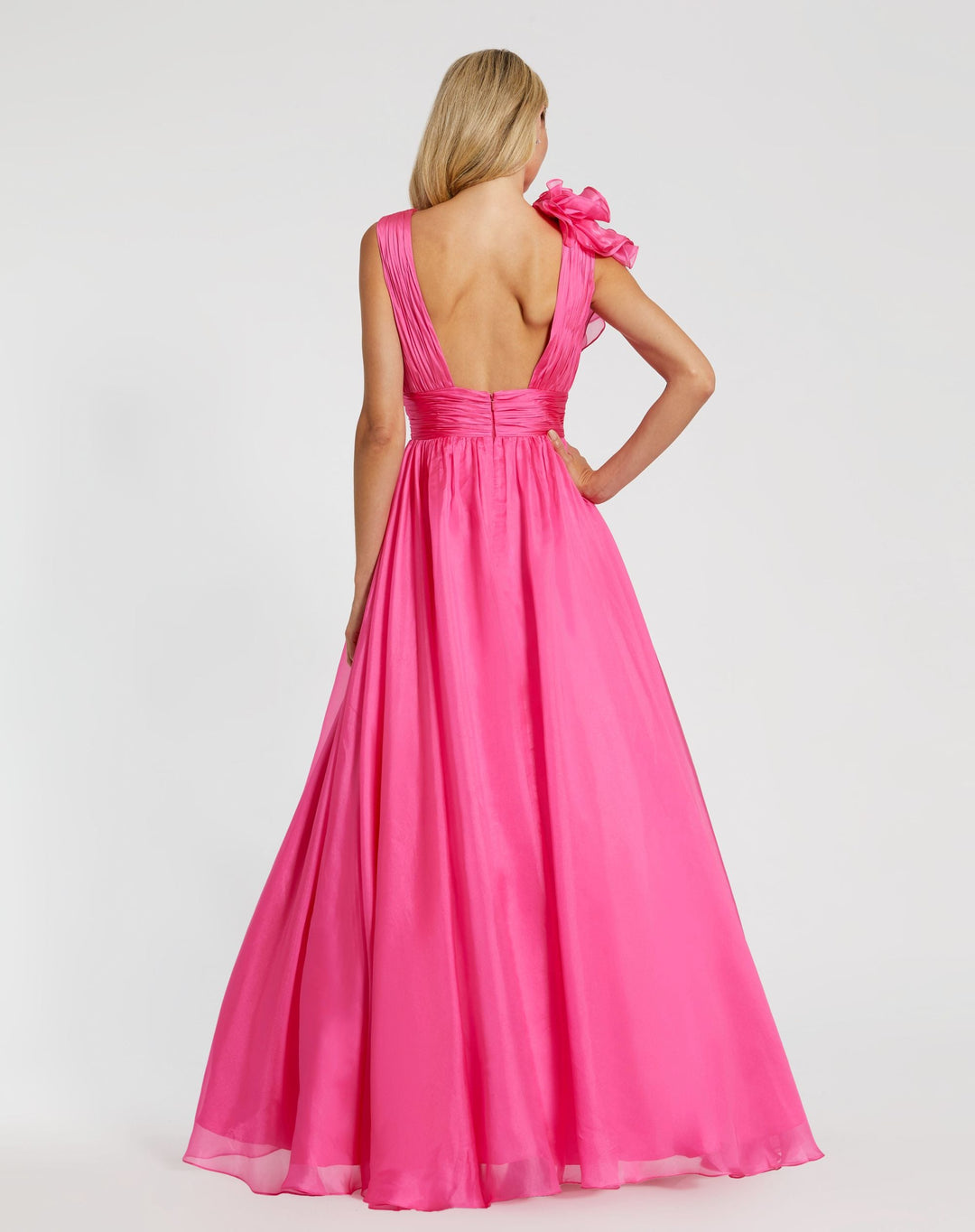 Mac Duggal 9948856P Petite Pink Ruffle Shoulder V-Neck Chiffon Gown