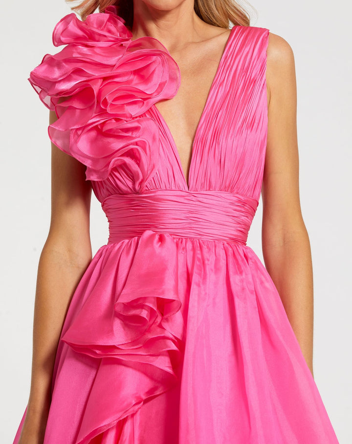 Mac Duggal 9948856P Petite Pink Ruffle Shoulder V-Neck Chiffon Gown
